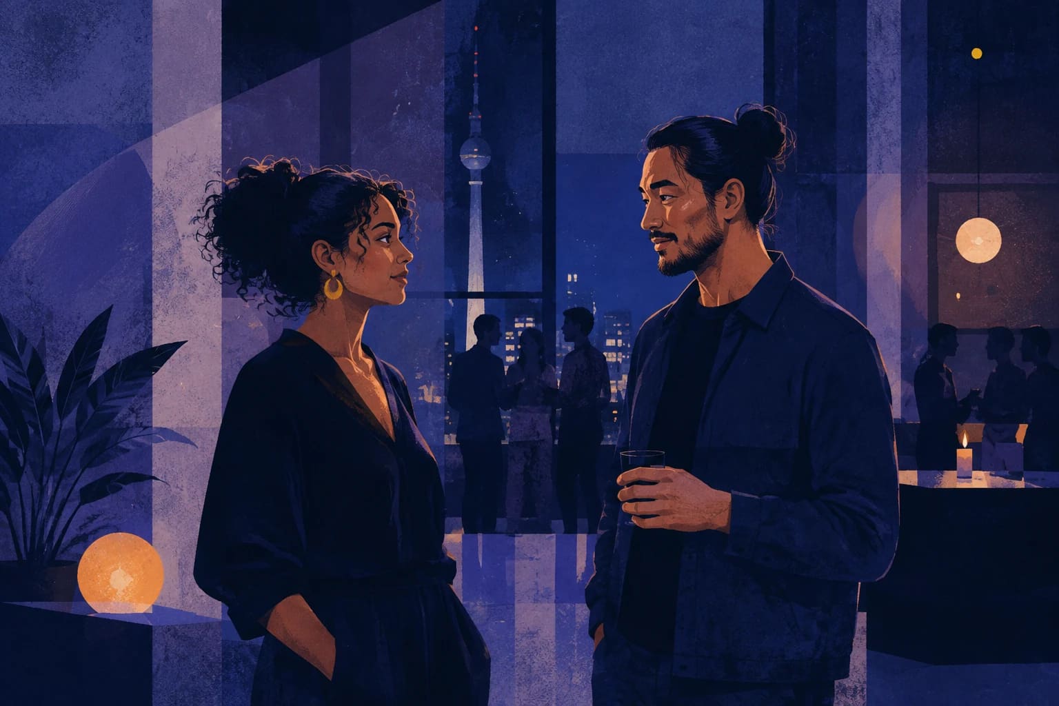 Editorial illustration of two adults talking at an evening social event in Berlin